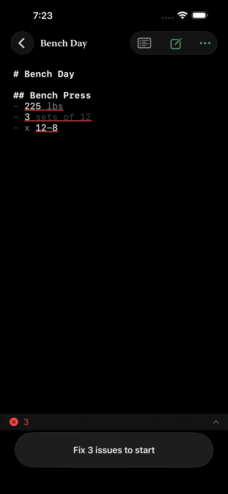 The editor with three set lines underlined in red, an error count in the bar beneath, and the start button replaced by the words Fix 3 issues to start.