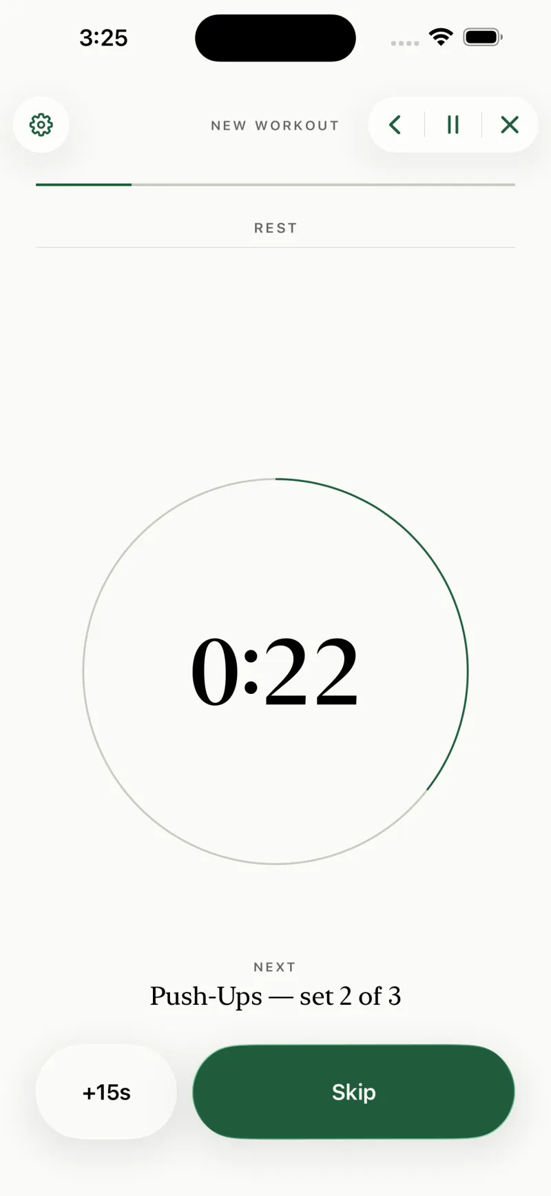 The player resting: a green countdown arc reading 0:22, the label REST above it, and NEXT — Push-Ups, set 2 of 3 beneath, with +15s and Skip buttons.