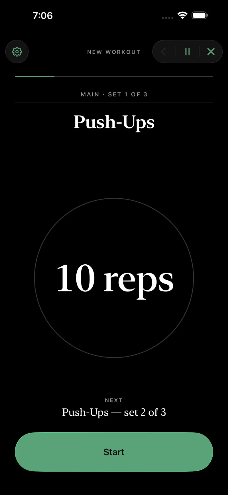 The Simply Train player showing the exercise Push-Ups, the running head MAIN · SET 1 OF 3, and the target 10 reps set very large in a serif face, above a green Next button.