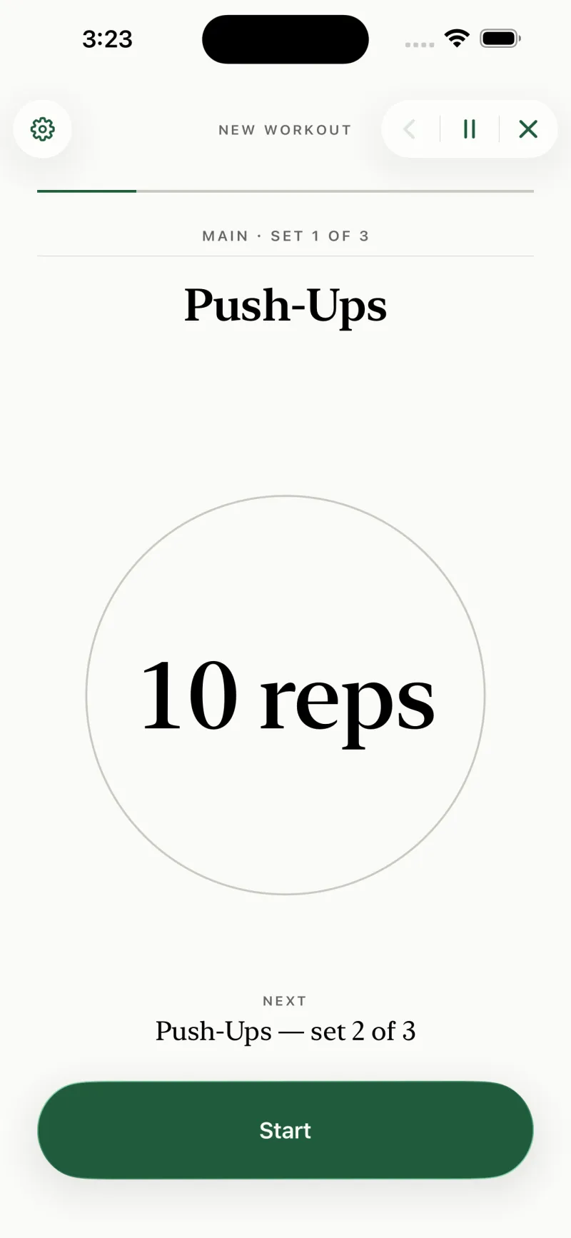 The rendered plan for Upper Body A: sections Warmup and Main set as small-caps headings over hairline rules, each exercise listing its sets as numbered rows such as 12 reps and 10 reps at 12 kg.