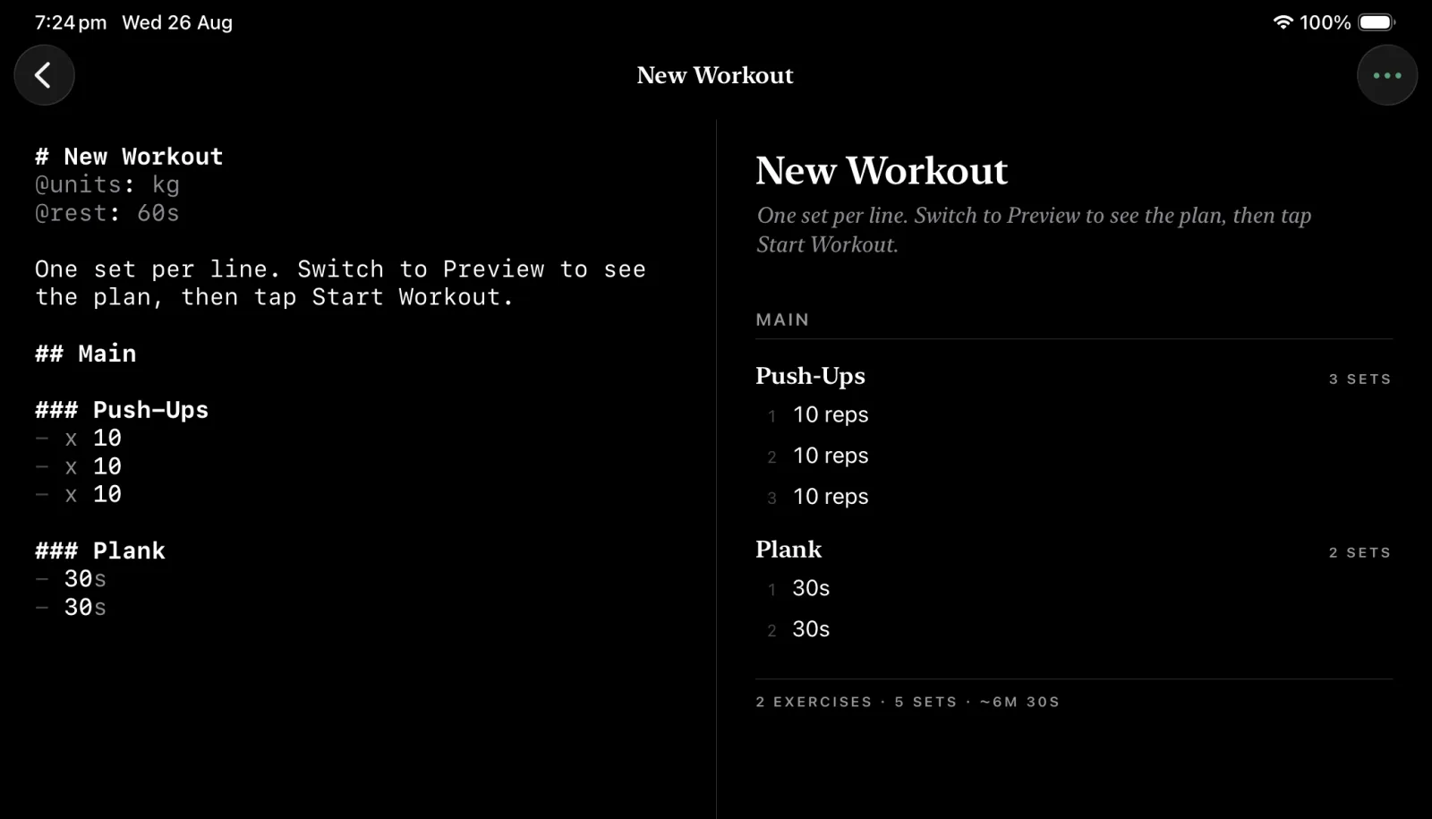 Simply Train on iPad: the markdown editor filling the left half of the screen and the live rendered plan on the right, divided by a single hairline.