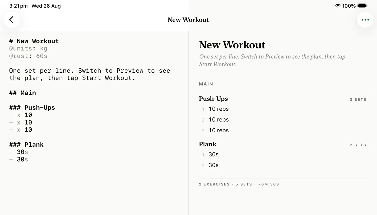 Simply Train on iPad: the markdown editor filling the left half of the screen and the live rendered plan on the right, divided by a single hairline.
